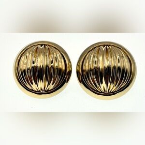 Vintage Clip On Earrings Gold Tone Ribbed Domed Design Hollow Round Shaped 1980s